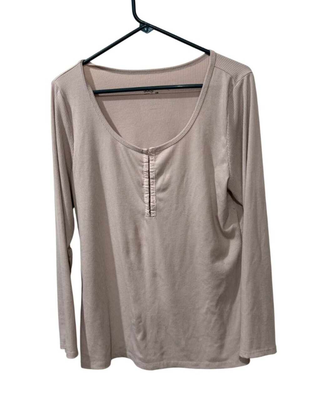 Long-Sleeve Beige Ribbed Scoop Neck Top With Button Detail - Womens Size 1 (XL)